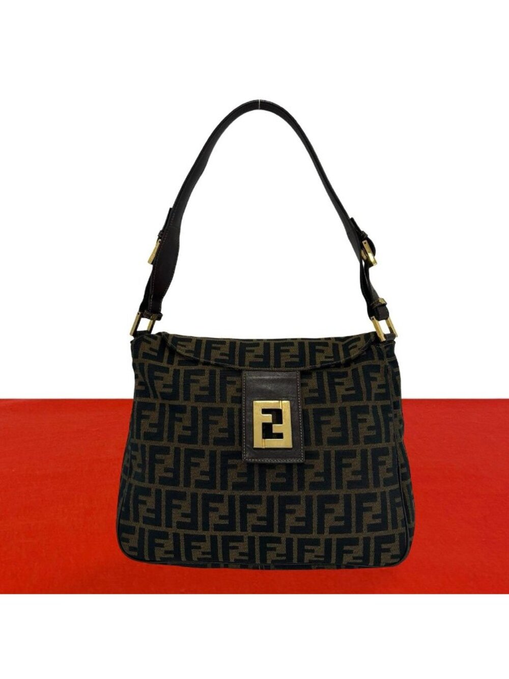Fendi Vintage Zucca FF Pattern Canvas Leather Shoulder Bag Tote Brown
